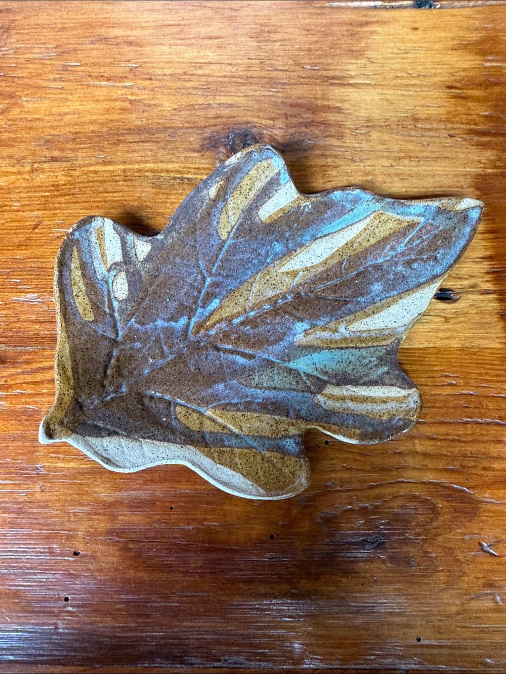 🍂 Handmade Leaf Ceramic Decorative Dish in Brown,Tan and Teal